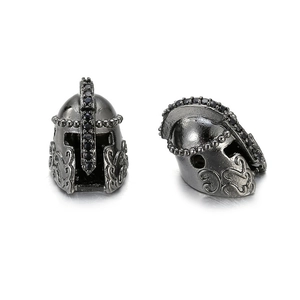 Macro detail of Spartan helmet beads with black zircons and antique gunmetal finish