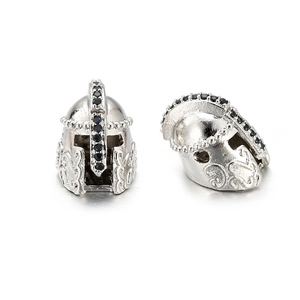 Macro view of knight helmet charm with silver finish and black zircon stone inlay