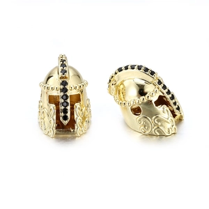Golden Spartan helmet beads with black zircon pavé and vintage floral engraving details