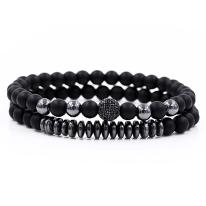 Set de 2 pulseras punk para hombre con cuentas negras mates y bolas de circonita