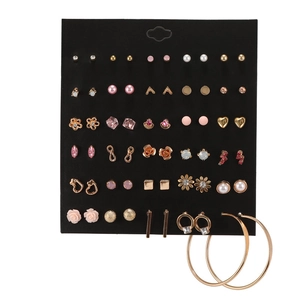 Detailed assortment of 30 pairs of assorted gold-tone stud earrings with pearls and gems