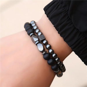 Men's double-layer bracelet set with matte black beads and cubic zirconia dice charm