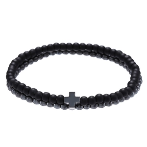 Minimalist 4mm matte black beads and cross pendant stretch bracelet set for men and women