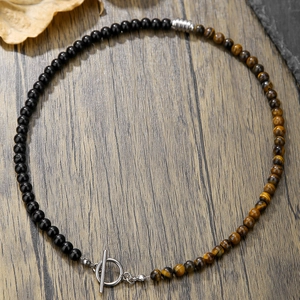 Handgefertigte Naturstein Perlenkette Edelstahl OT Schnalle Lavastein Tigerauge Spleißdesign Neutraler Halsschmuck Schmuck