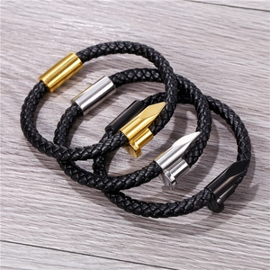 Three-piece set of woven leather bracelets with nail-shaped metal buckles in gold, silver, and black