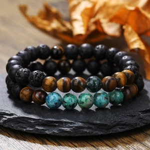 Natural Stone Beaded Bracelet Pair Men Women Volcanic Lava Tiger Eye Stone Turquoise Hip Hop Retro Stretch Jewelry Bracelet