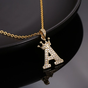Hip Hop Copper Zirconia Crown Alphabet Pendant Necklace For Women Men Pave Zirconia Letter Crown Initial Necklace Jewelry