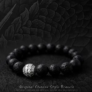Men's beaded bracelet set featuring black matte stones and silver dragon scale bead