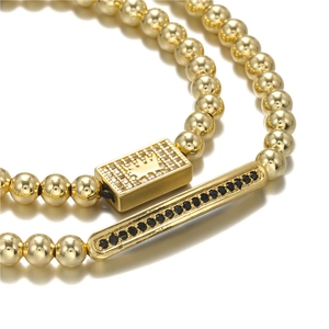 Men's punk braided gold bead bracelet set with micro-pave crown and black zircon bar