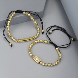 Men's punk beaded bracelet set with gold crown pendant and black zircon micro-inlay