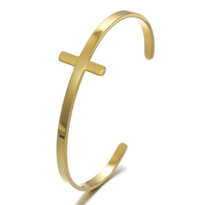 Polished gold stainless steel open cuff bracelet with a minimalist cross motif for men and women