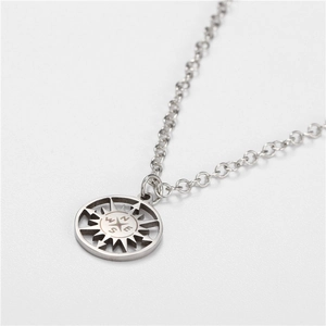 Men's stainless steel necklace with a round hollow compass pendant in silver finish