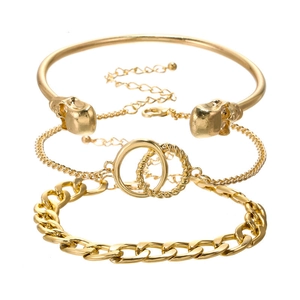Punk Alloy Skull Open Bangle Double Ring Fine Chain Cuban Link Bracelet Multi Layered Geometric Hip Hop Jewelry For Women Men