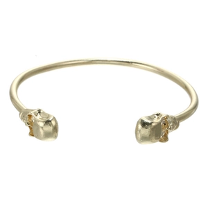 Minimalist gold skull open cuff bracelet with geometric punk chain design on white background