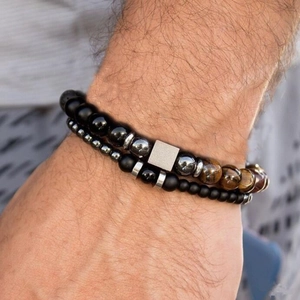 Men's double-layered bracelet with tiger eye beads and black stones in hip hop style