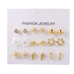 Juego de 9 pares de pendientes dorados con perlas, flores, estrellas y mariposas