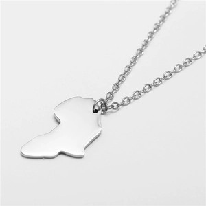 Macro shot of silver polished stainless steel Africa map pendant on a cable chain