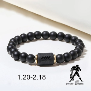 Aquarius matte black onyx bead bracelet with golden zodiac symbol for men and women