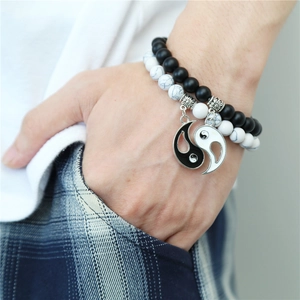 Bracciale di perle Yin Yang per coppie con pietre nero opaco e turchese bianco