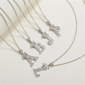 Silver crown initial necklaces with micro-paved zircons and delicate link chain