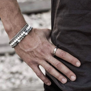 Men's Tiger Eye and Black Agate multi-layer bracelet set with silver stainless steel ring