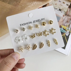 Pendientes de Botón de Aleación con Strass y Perlas Artificiales Flor Mariposa Estrella Corazón para Mujer Joyería