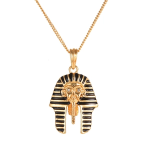 Golden Egyptian Pharaoh Tutankhamun pendant necklace with black enamel and small crystal eyes