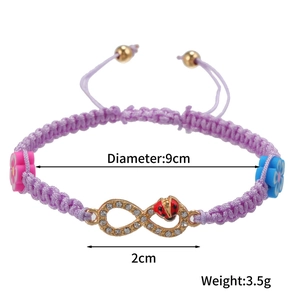 Adjustable purple braided bracelet with infinity symbol, rhinestone ladybug and flowers
