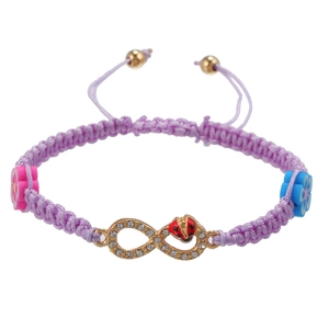 Purple braided infinity bracelet with diamond accents and a small ladybug charm