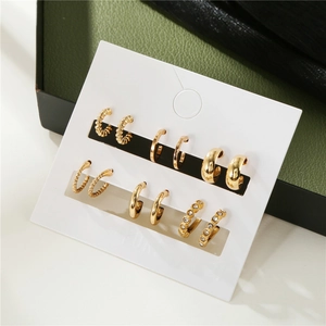 6 pairs set of gold C-shape geometric hoop earrings with rhinestones on display card