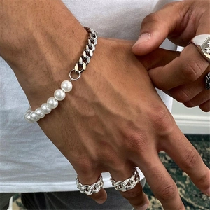 Silver Cuban link and white pearl patchwork bracelet for men in street style