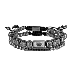 Verstellbares Herren-Perlenarmband-Set mit Kronenanhänger und Zirkonia in Gunmetal-Optik