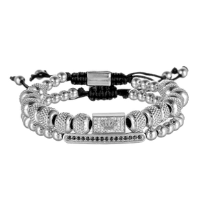 Verstellbares geflochtenes Kronen-Armband Set mit Silberperlen und Zirkonia Steinen
