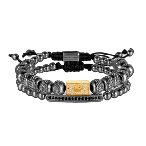 Herren Vintage Kronen-Armband Set mit Gunmetal Perlen und schwarzem Zirkon-Stab
