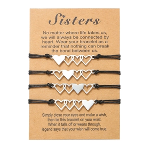 Set di 4 braccialetti intrecciati per sorelle con ciondoli a cuore in acciaio inox