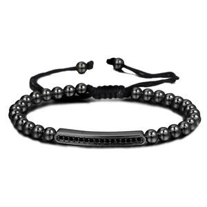 Adjustable black bead bracelet for men with micro-paved zircon bar and woven cord