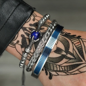 3er-Set Herrenarmbänder mit Tigerauge-Perle, Stahlgeflecht und blauem Gitter-Armreif