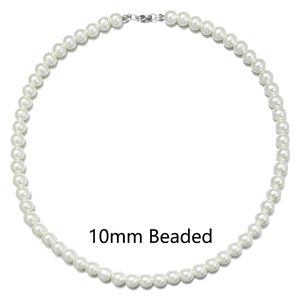 Detail shot of a 10mm white pearl necklace with silver lobster clasp on white background