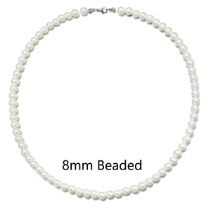 Detailed view of 8mm white glass pearl necklace with classic metal lobster clasp