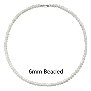 Close-up of 6mm white glass pearl necklace with silver lobster clasp on white background