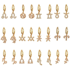Twelve pairs of gold plated zodiac earrings with shimmering cubic zirconia pendants