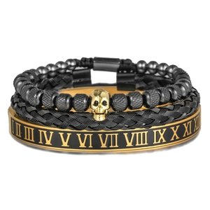 Set di Braccialetti Multipli da Uomo in Acciaio Inossidabile Punk Vintage Con Bracciale a Cerchio Con Numeri Romani e Braccialetto Intrecciato Con Teschio in Zirconia