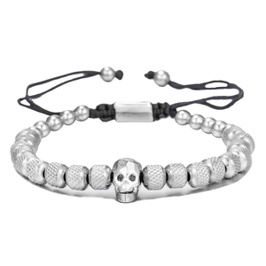 Pulsera retro de cuentas de acero inoxidable con calavera de circón y cordón trenzado