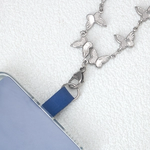 Catena per cellulare in argento con farfalle e cinturino in acciaio inox con moschettone