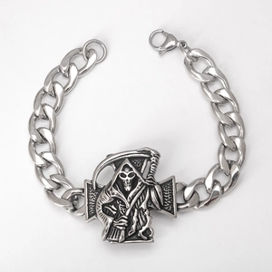 Bracelet gourmette pour homme en acier inoxydable avec pendentif faucheuse et croix