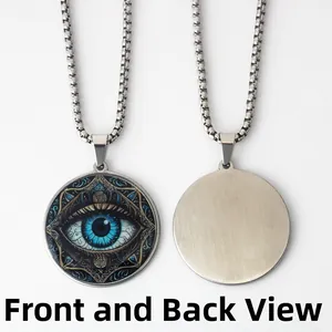 Vue recto-verso du pendentif œil maléfique en acier inoxydable avec mandala