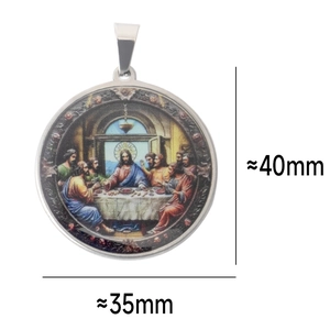Macro view of stainless steel round pendant with religious painting and size dimensions
