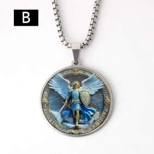 Detail of vintage round St. Michael pendant with colorful enamel on a steel box chain