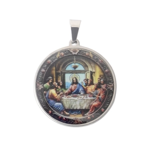Stainless steel necklace featuring a Last Supper religious circular pendant in silver