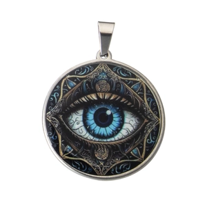 Collier avec pendentif œil bleu en acier inoxydable et motif mandala sur fond blanc
